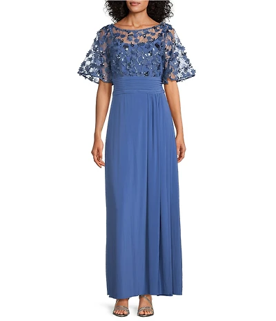 Livia Jolie by Le Bos Short Sleeve Illusion Crew Neck 3D Mesh Floral Embroidered Mesh Maxi Dress