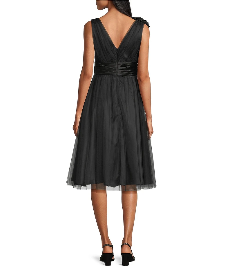 Livia Jolie by Le Bos Sleeveless Mesh Satin V-Neck Rosette Trim A-Line Midi Dress
