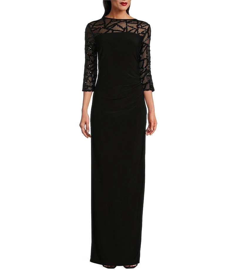 Le Bos Stretch Sequin Lace Mesh Crew Neck 3/4 Illusion Sleeves Back Slit Column Dress