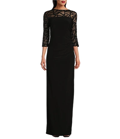Le Bos Stretch Sequin Lace Mesh Crew Neck 3/4 Illusion Sleeves Back Slit Column Dress