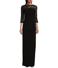 Le Bos Stretch Sequin Lace Mesh Crew Neck 3/4 Illusion Sleeves Back Slit Column Dress