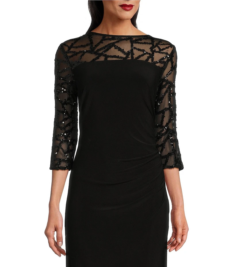 Le Bos Stretch Sequin Lace Mesh Crew Neck 3/4 Illusion Sleeves Back Slit Column Dress