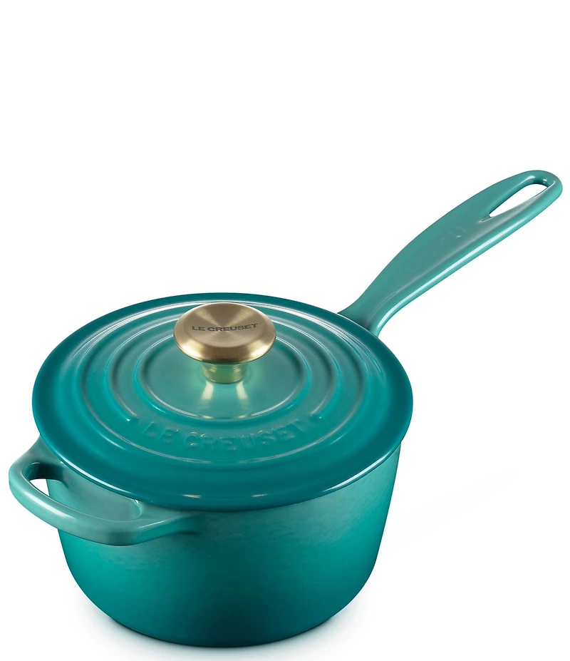 Le Creuset Signature 1.75-Quart Enameled Cast Iron Saucepan with Light Gold Knob - Peche