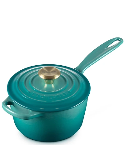 Le Creuset Signature 1.75-Quart Enameled Cast Iron Saucepan with Light Gold Knob - Peche