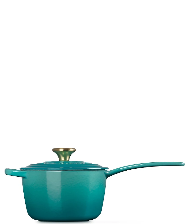 Le Creuset Signature 1.75-Quart Enameled Cast Iron Saucepan with Light Gold Knob - Peche