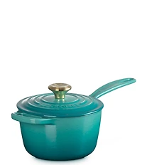 Le Creuset Signature 1.75-Quart Enameled Cast Iron Saucepan with Light Gold Knob - Peche