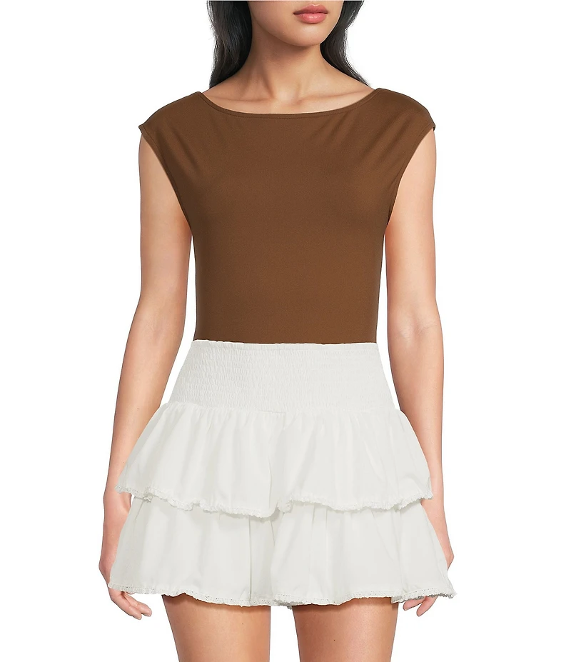 Le Lis Boat Neck Cap Sleeve Open Back Bodysuit