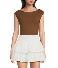 Le Lis Boat Neck Cap Sleeve Open Back Bodysuit