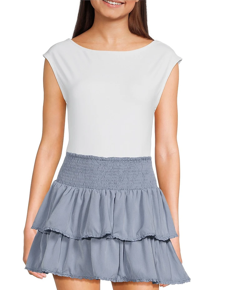 Le Lis Boat Neck Cap Sleeve Open Back Bodysuit