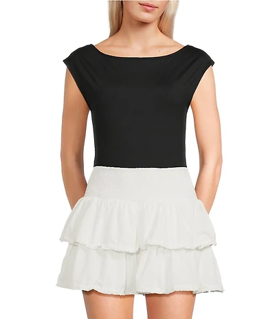 Le Lis Boat Neck Cap Sleeve Open Back Bodysuit