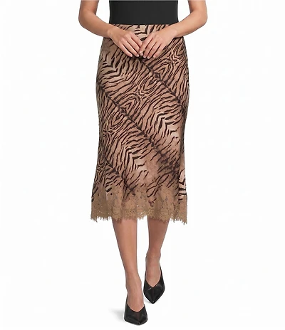 Le Lis Satin Animal Printed Midi Lace Trim Skirt
