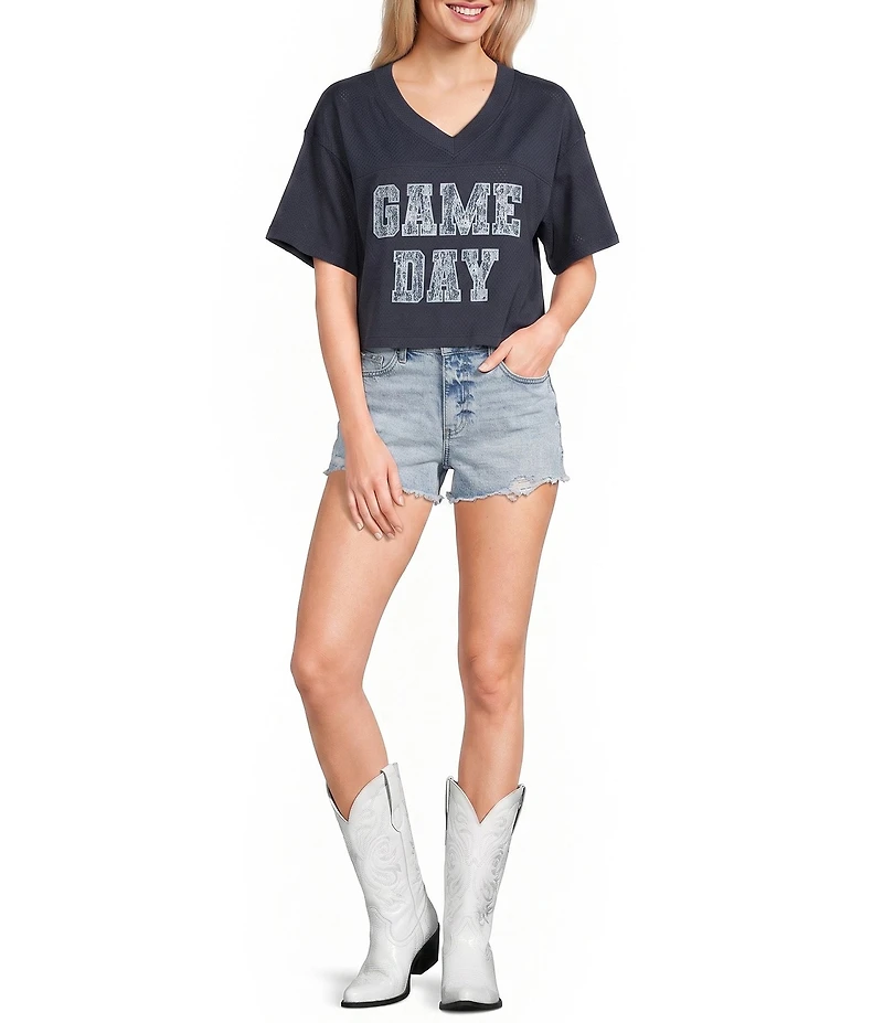 Le Lis Short Sleeve V-Neck Game Day Lace Cropped Tee