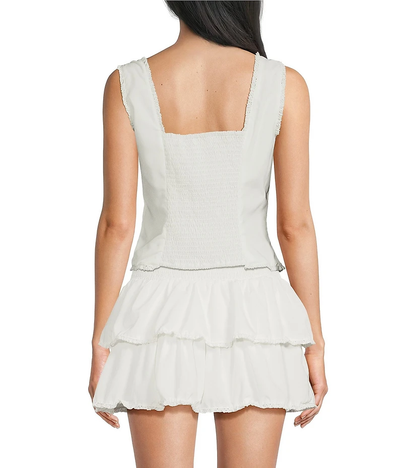 Le Lis Square Neck Button Front Corset Lace Trim Top