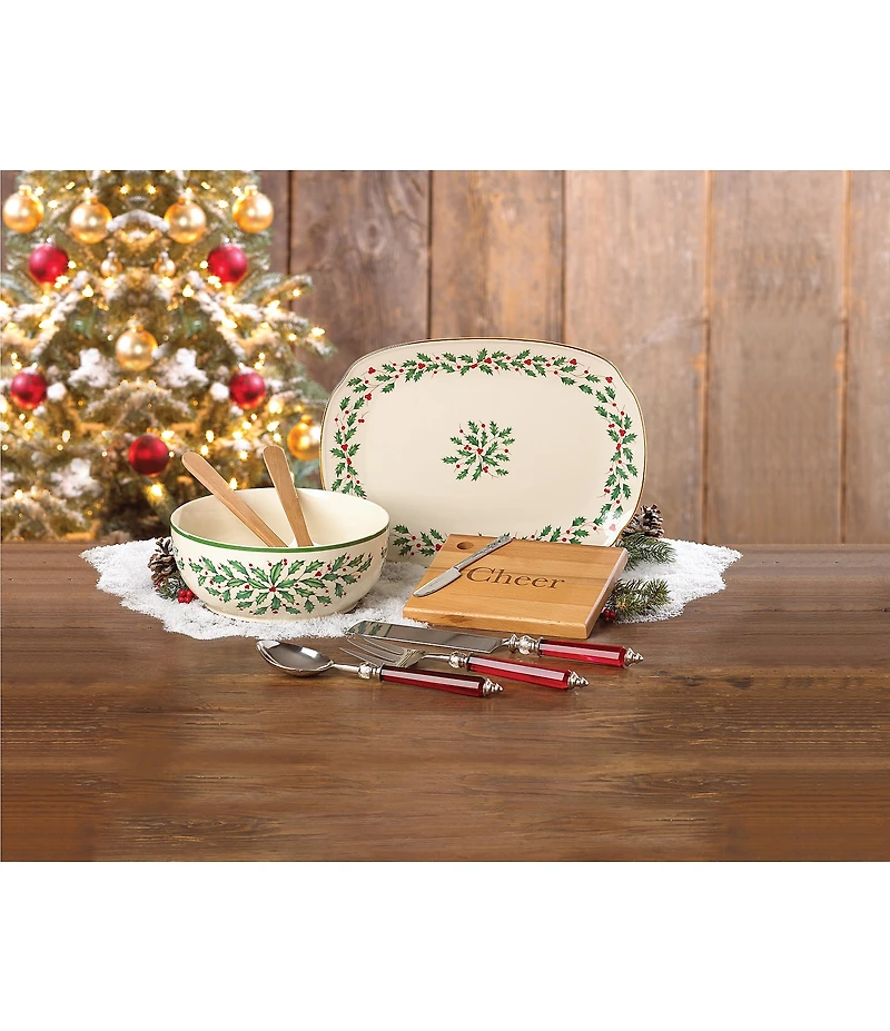 Lenox Holiday Holly Salad Bowl with Wooden Spoons