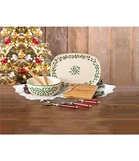 Lenox Holiday Holly Salad Bowl with Wooden Spoons