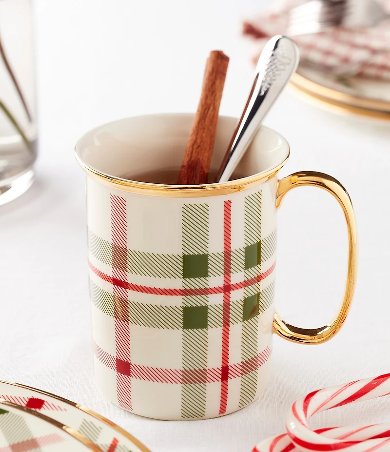 Lenox Holiday Tartan Plaid 24K Gold Accent Mugs, Set of 4