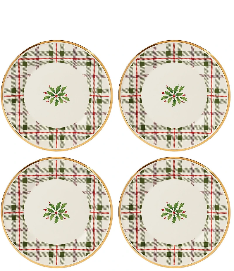 Lenox Holiday Tartan Plaid Accent Plates With 14K Gold Accents, Set of 4