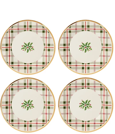Lenox Holiday Tartan Plaid Accent Plates With 14K Gold Accents, Set of 4