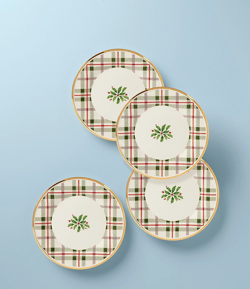 Lenox Holiday Tartan Plaid Accent Plates With 14K Gold Accents, Set of 4