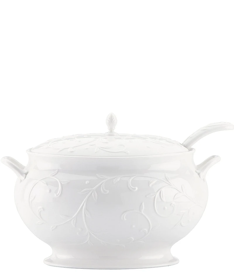 Lenox Opal Innocence Carved Scroll Porcelain Soup Tureen with Ladle