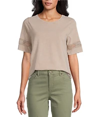 Leo & Nicole Acid Wash Crew Neck Short Sleeve Crochet Trim Knit Tee