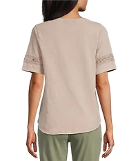Leo & Nicole Acid Wash Crew Neck Short Sleeve Crochet Trim Knit Tee