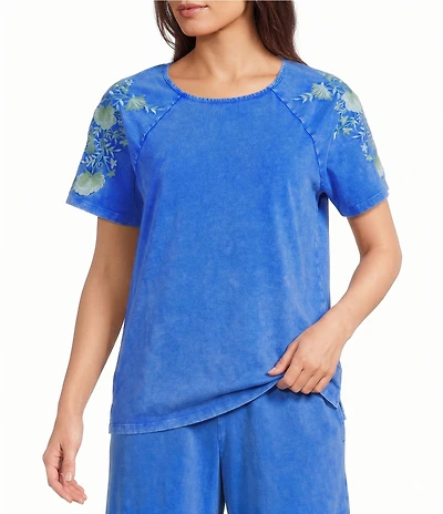 Leo & Nicole Acid Wash Coordinating Embroidered Short Sleeve Top