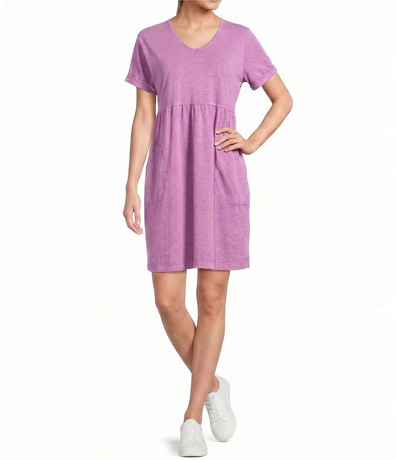 Leo & Nicole Acid Wash V-Neck Short Sleeve A-Line Relaxed Dress