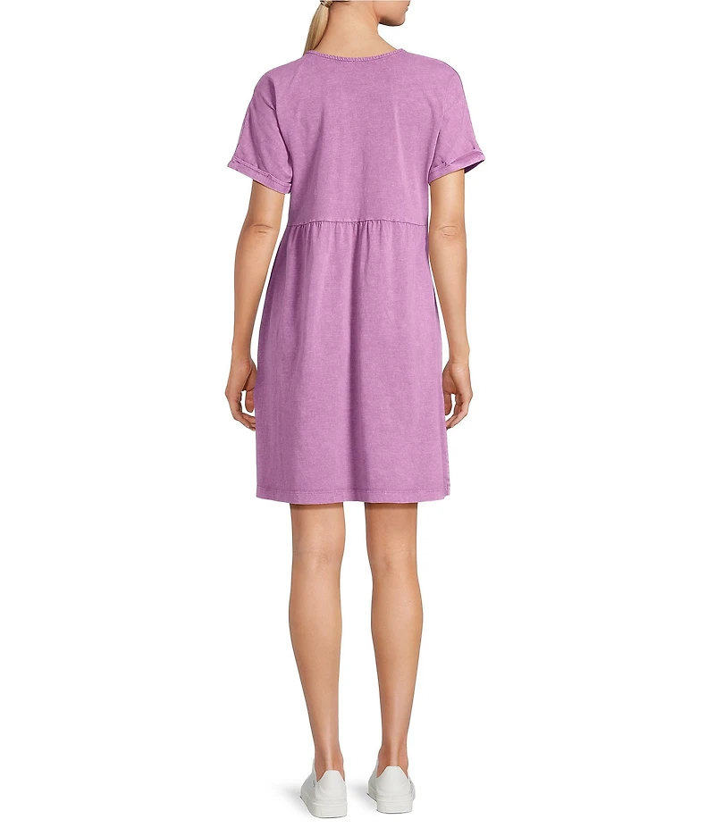 Leo & Nicole Acid Wash V-Neck Short Sleeve A-Line Relaxed Dress