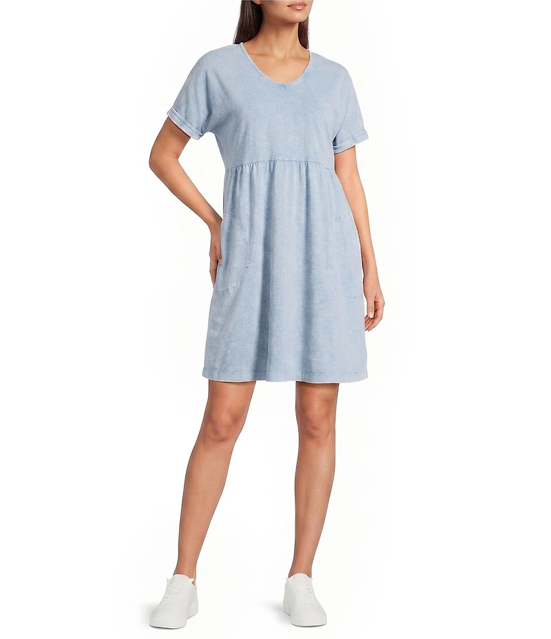 Leo & Nicole Acid Wash V-Neck Short Sleeve A-Line Relaxed Dress