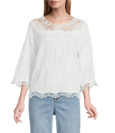 Leo & Nicole Allover Embroidered Crew Neck 3/4 Sleeve Scalloped Lace Trim Top