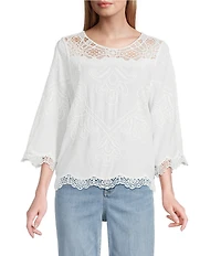 Leo & Nicole Allover Embroidered Crew Neck 3/4 Sleeve Scalloped Lace Trim Top