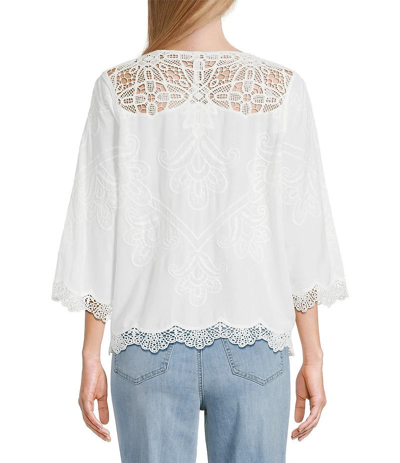 Leo & Nicole Allover Embroidered Crew Neck 3/4 Sleeve Scalloped Lace Trim Top