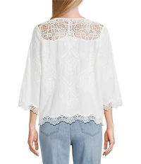 Leo & Nicole Allover Embroidered Crew Neck 3/4 Sleeve Scalloped Lace Trim Top