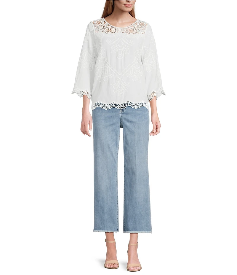 Leo & Nicole Allover Embroidered Crew Neck 3/4 Sleeve Scalloped Lace Trim Top