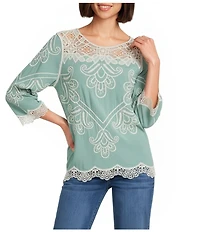 Leo & Nicole Allover Embroidered Crew Neck 3/4 Sleeve Scalloped Lace Trim Top