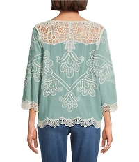 Leo & Nicole Allover Embroidered Crew Neck 3/4 Sleeve Scalloped Lace Trim Top