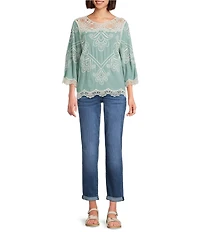 Leo & Nicole Allover Embroidered Crew Neck 3/4 Sleeve Scalloped Lace Trim Top