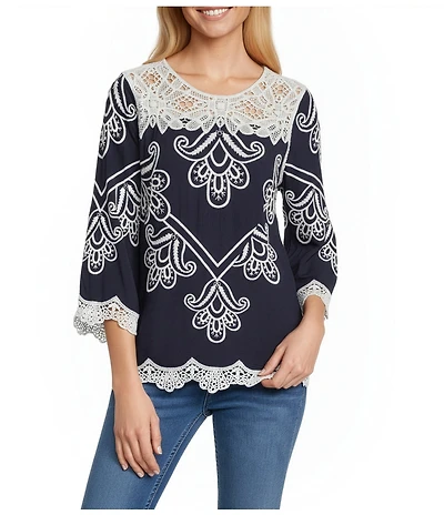 Leo & Nicole Allover Embroidered Crew Neck 3/4 Sleeve Scalloped Lace Trim Top
