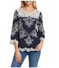 Leo & Nicole Allover Embroidered Crew Neck 3/4 Sleeve Scalloped Lace Trim Top