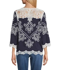 Leo & Nicole Allover Embroidered Crew Neck 3/4 Sleeve Scalloped Lace Trim Top