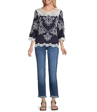 Leo & Nicole Allover Embroidered Crew Neck 3/4 Sleeve Scalloped Lace Trim Top