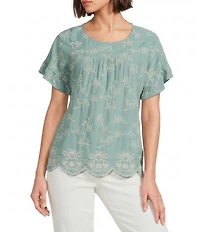 Leo & Nicole Allover Ivory Embriordered Crew Neck Short Ruffle Sleeve Scalloped Hem Top