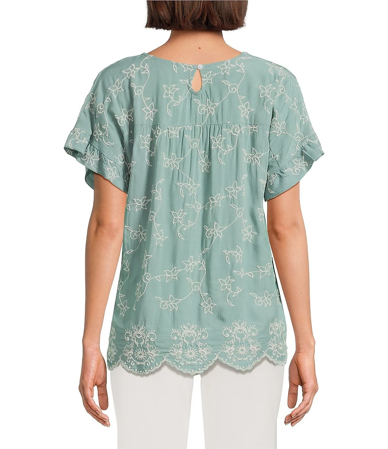 Leo & Nicole Allover Ivory Embriordered Crew Neck Short Ruffle Sleeve Scalloped Hem Top