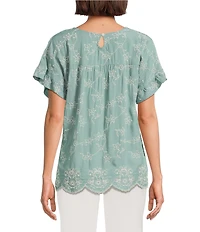 Leo & Nicole Allover Ivory Embriordered Crew Neck Short Ruffle Sleeve Scalloped Hem Top