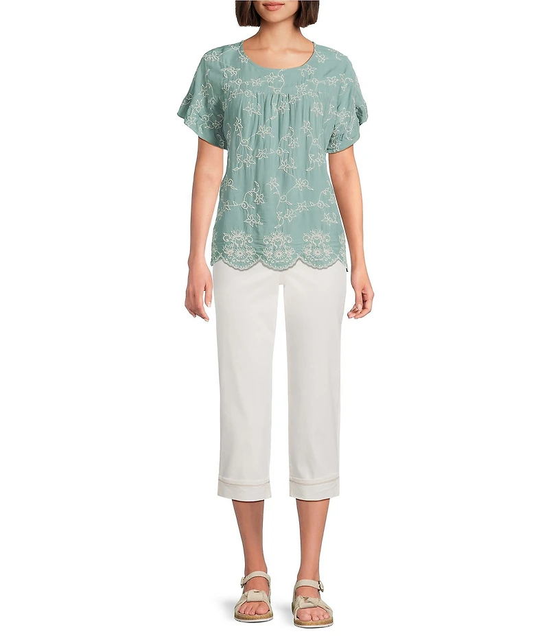 Leo & Nicole Allover Ivory Embriordered Crew Neck Short Ruffle Sleeve Scalloped Hem Top