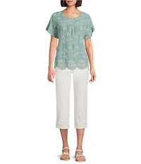 Leo & Nicole Allover Ivory Embriordered Crew Neck Short Ruffle Sleeve Scalloped Hem Top