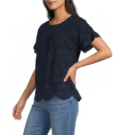 Leo & Nicole Allover Navy Embroidery Crew Neck Short Ruffle Sleeve Scalloped Hem Top