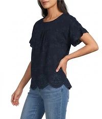 Leo & Nicole Allover Navy Embroidery Crew Neck Short Ruffle Sleeve Scalloped Hem Top