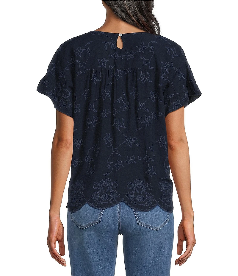 Leo & Nicole Allover Navy Embroidery Crew Neck Short Ruffle Sleeve Scalloped Hem Top